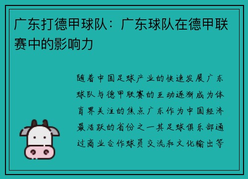 广东打德甲球队：广东球队在德甲联赛中的影响力